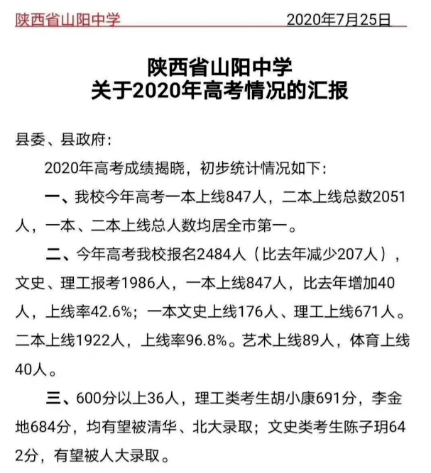 商洛各县区高考成绩喜报!