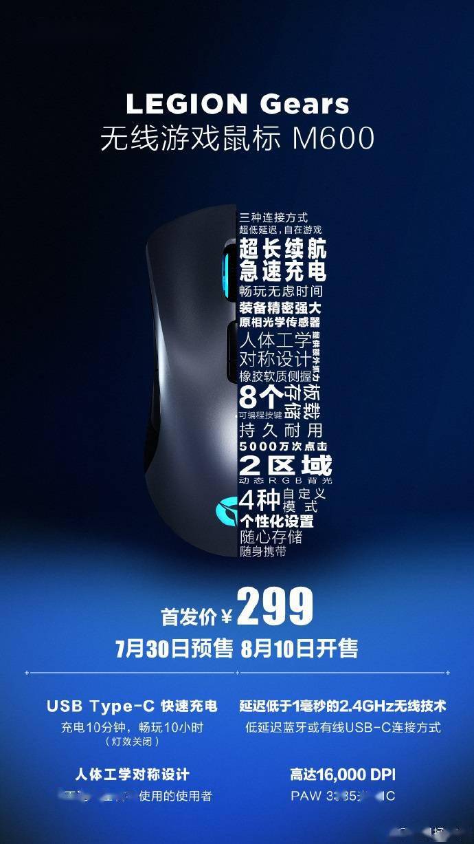 這款鼠標支持藍牙,usb-c 有線連接以及延遲低於 1 毫秒的 2.