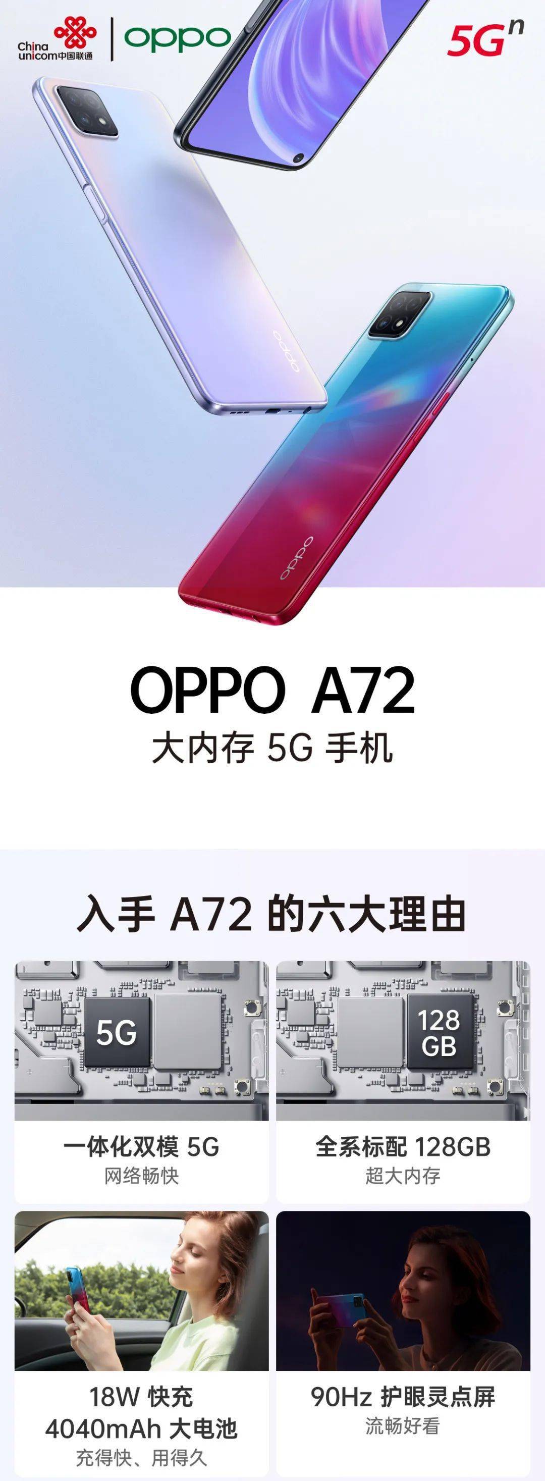 oppo a72 大内存5g手机现已开启预售,一张图划重点