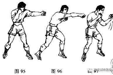 左直拳—右直拳—左上勾拳(图98, 99,100)动作用途:此组合技术是从三