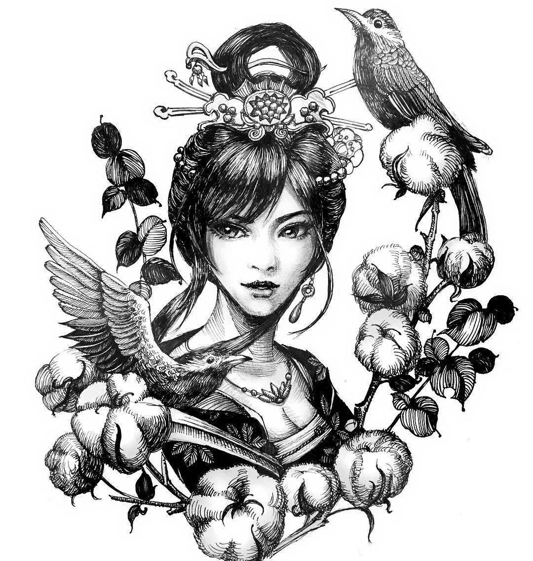 绝美的古风女武士纹身手绘稿