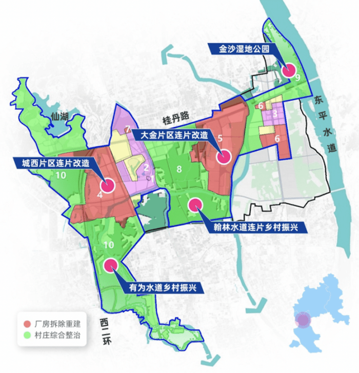 整个丹灶提出"一岛两湖十里片区"的远期规划,涉及总面积35平方公里