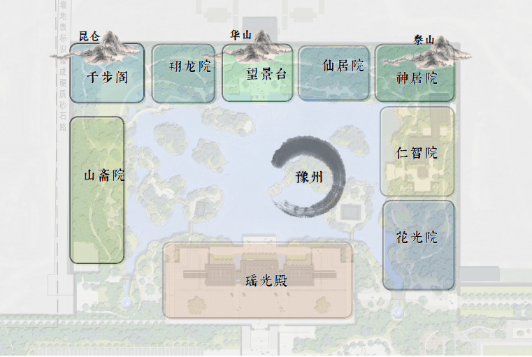 九洲池平面图九洲池设计之初是按照"活"的原则去做,园中岛屿有可