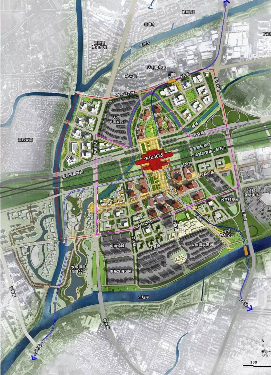 来看,图中规划预留的铁路轨道,预计是留给深茂铁路的铁路轨道,与广珠