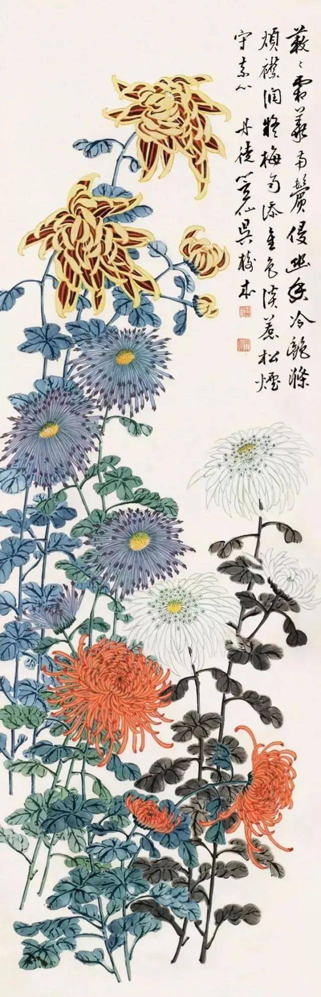 吴树本菊花作品他晚年居上海,与王一亭交情甚好,常在一起吟诗绘画