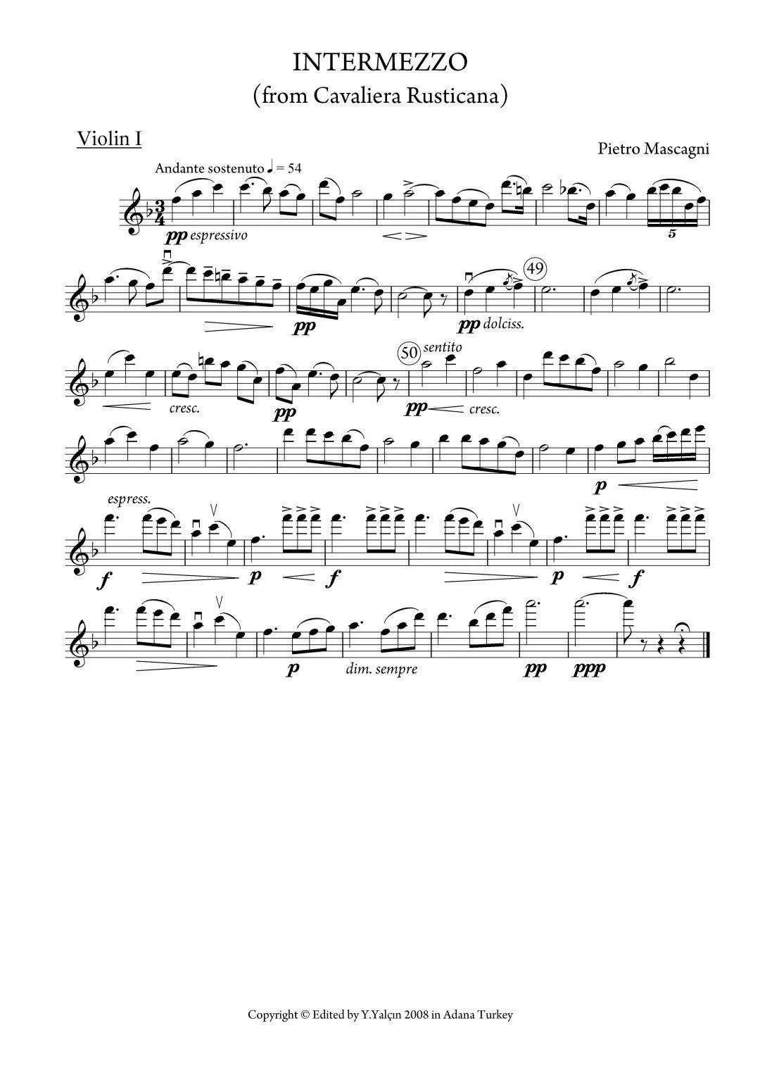 让人沉浸在恬静的梦境马斯卡尼乡村骑士间奏曲附小提琴谱