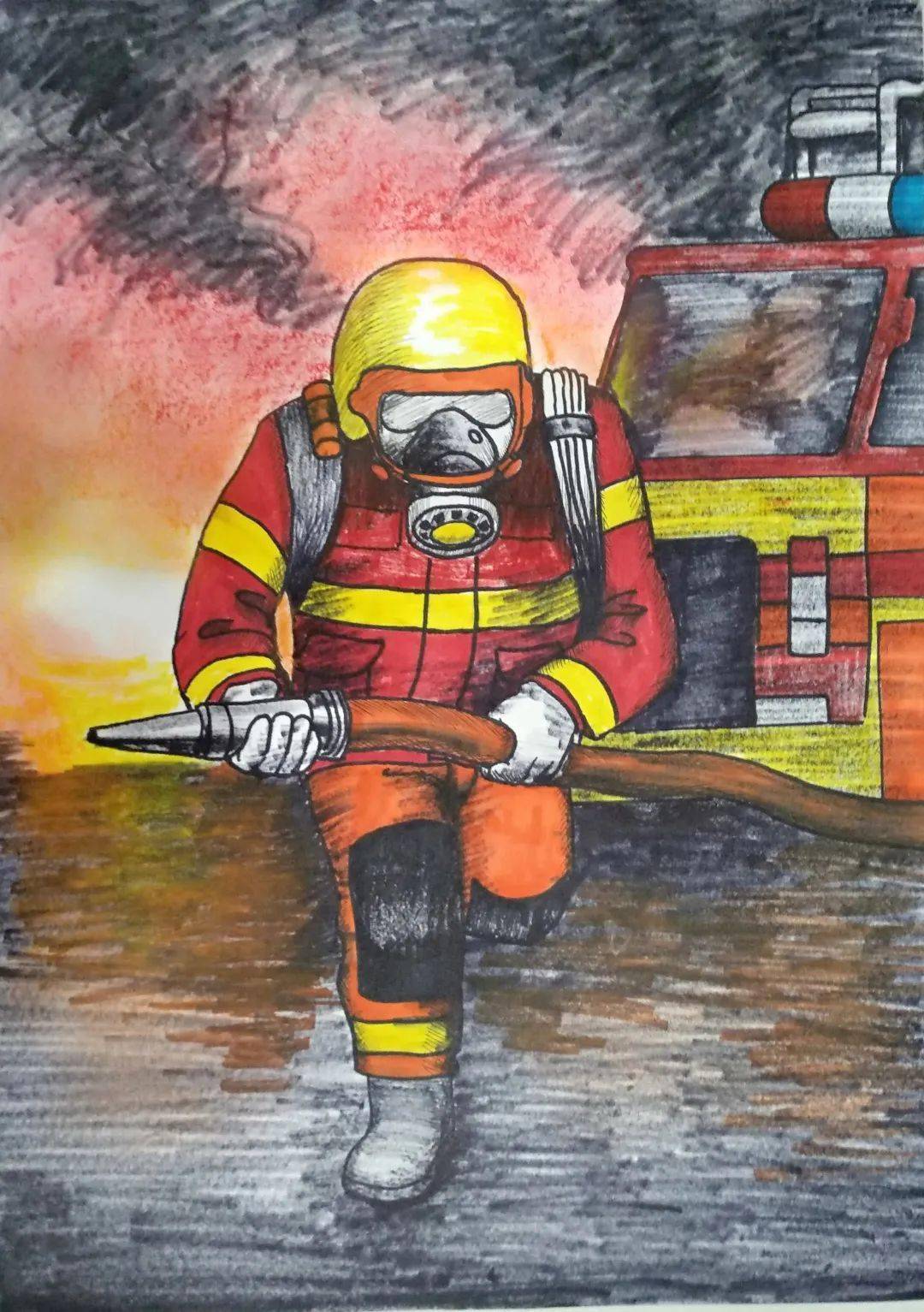 消防队员救火美术画图片
