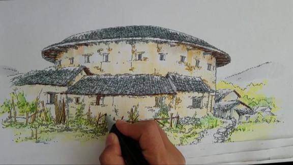 钢笔风景速写客家围楼马克笔上色也是很好玩的