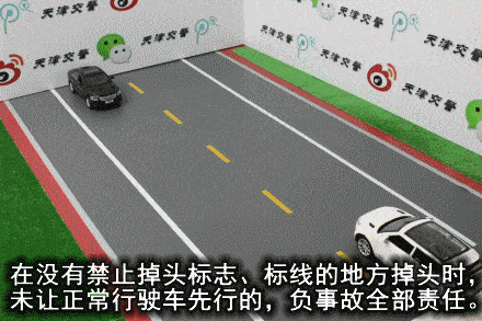 图中白车掉头撞上了直行的黑车,所以白车负全责.
