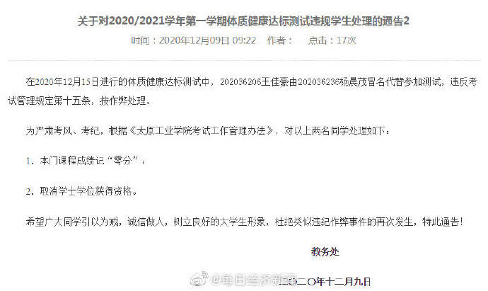 體質測試冒名替考8名大學生被學校通報取消學士學位獲得資格