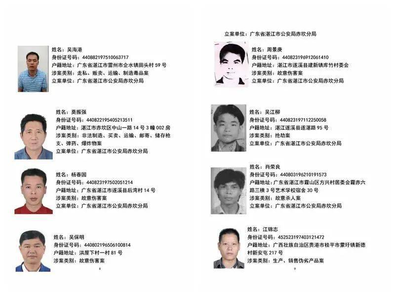 湛江3地警方悬赏通缉64名在逃人员名单