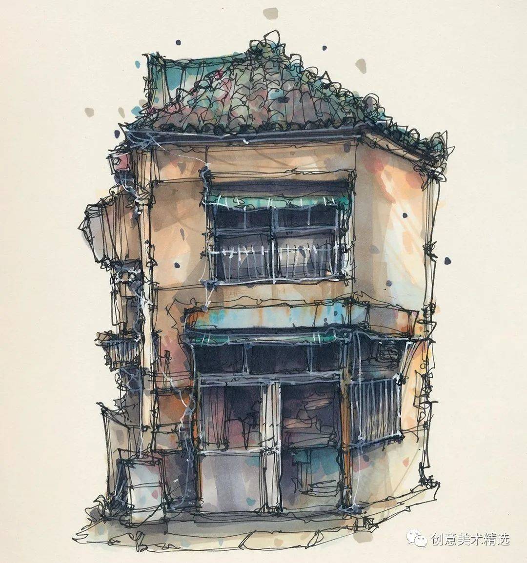 马克笔钢笔色块与线条交织出的建筑之美