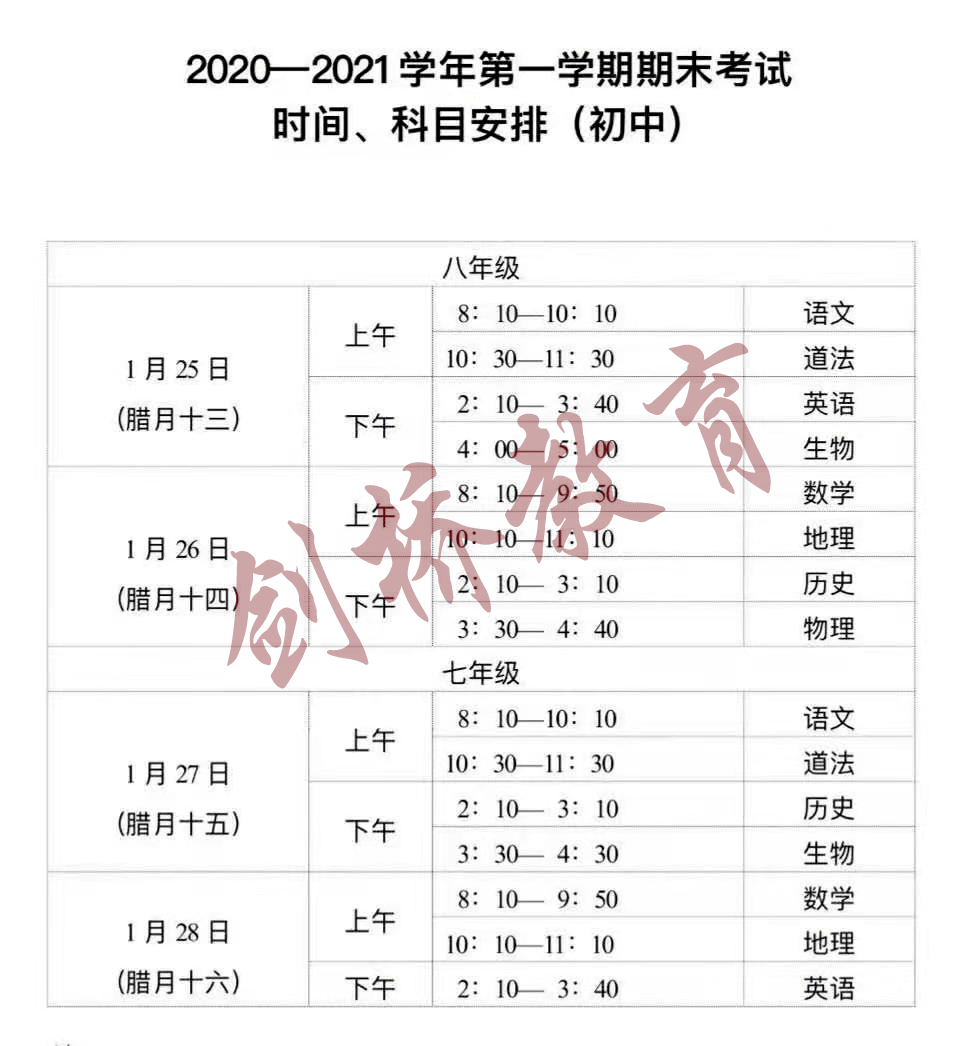 【剑桥教育】2020-2021年期末考试安排