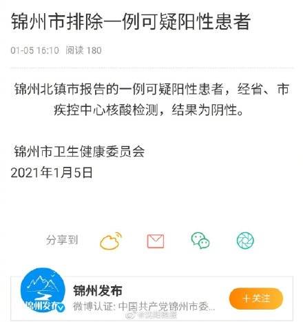 锦州北镇市报告的一例可疑阳性患者,经省,市疾控中心核酸检测,结果为