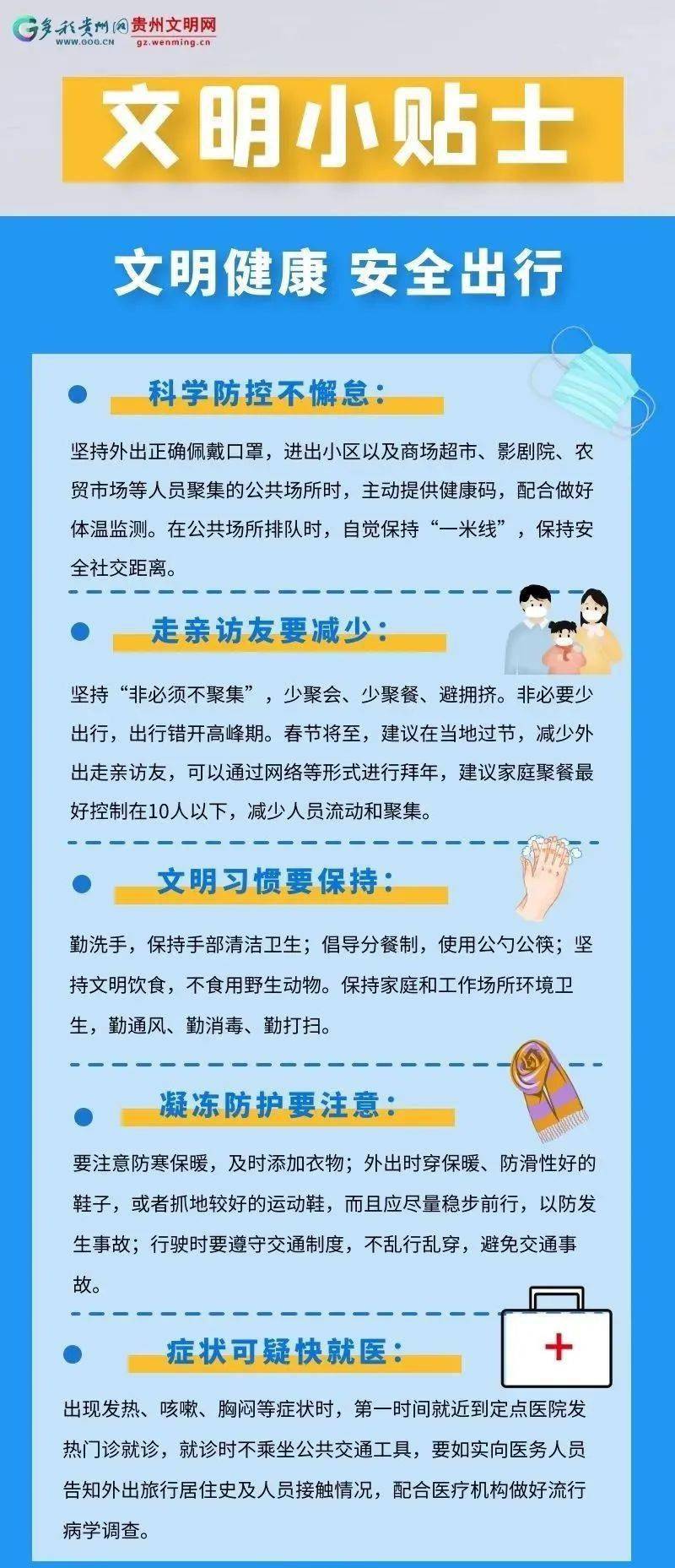 戴口罩,勤洗手,常通风,少聚集等常态化防控措施不松懈;记住冬季防冻