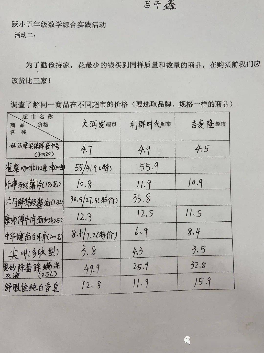 数学为人生添亮点——跃小五年级学生超市购物中的数学思考