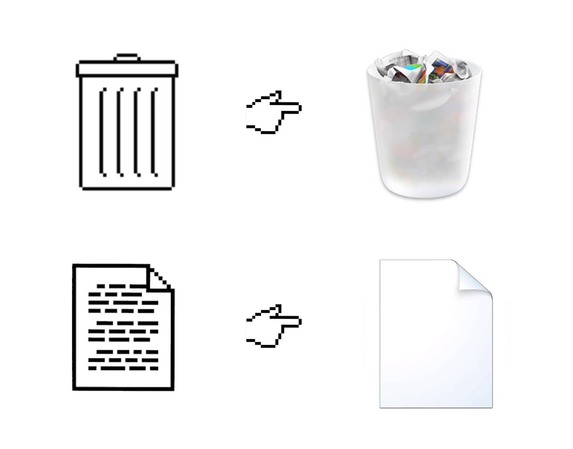 比如用来放置删除文件的废纸篓,折了一角的纸张,用于提示「loading」