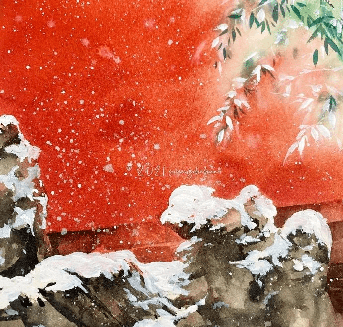 水彩| 故宫红墙雪景_@sunny