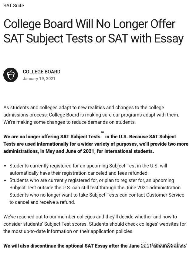 College Board取消SAT2考试及SAT写作考试