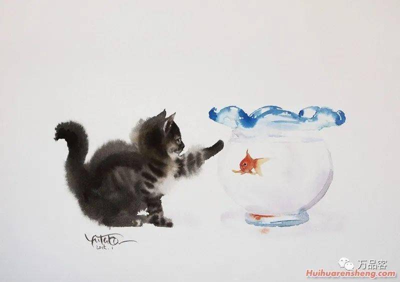 水彩画 日本画家村上豊水彩画猫作品 插图