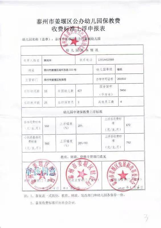 黎园公告调整泰州市区公办幼儿园保教费收费标准