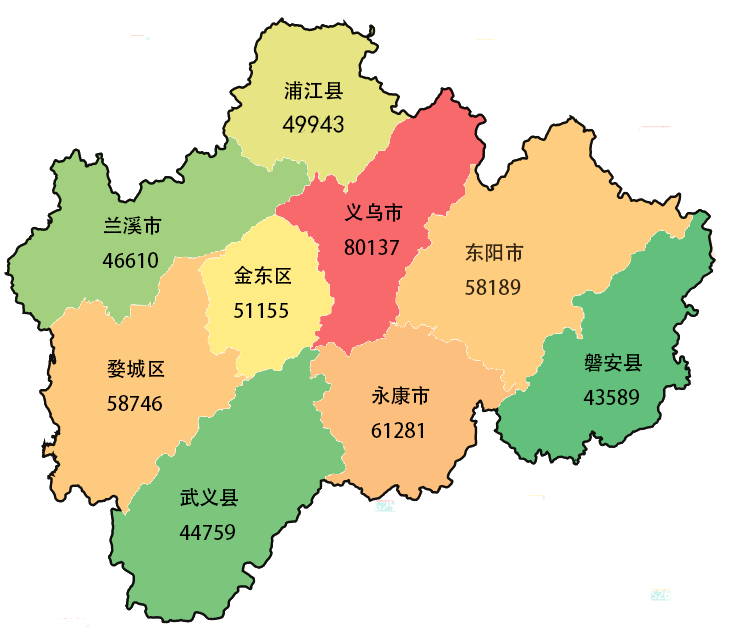 居民人均可支配收入彩色图(单位:元)2020年金华市各县(市,区)城镇常住