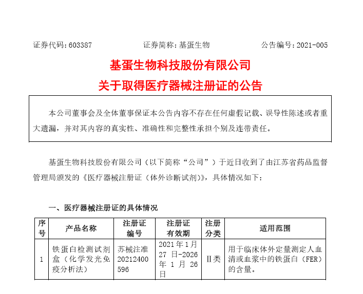 上新關於基蛋生物取得醫療器械註冊證的公告