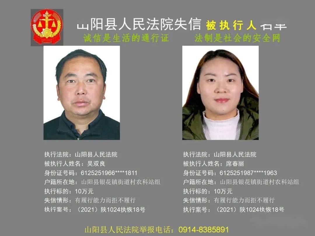 山阳县人民法院集中曝光一批失信被执行人名单