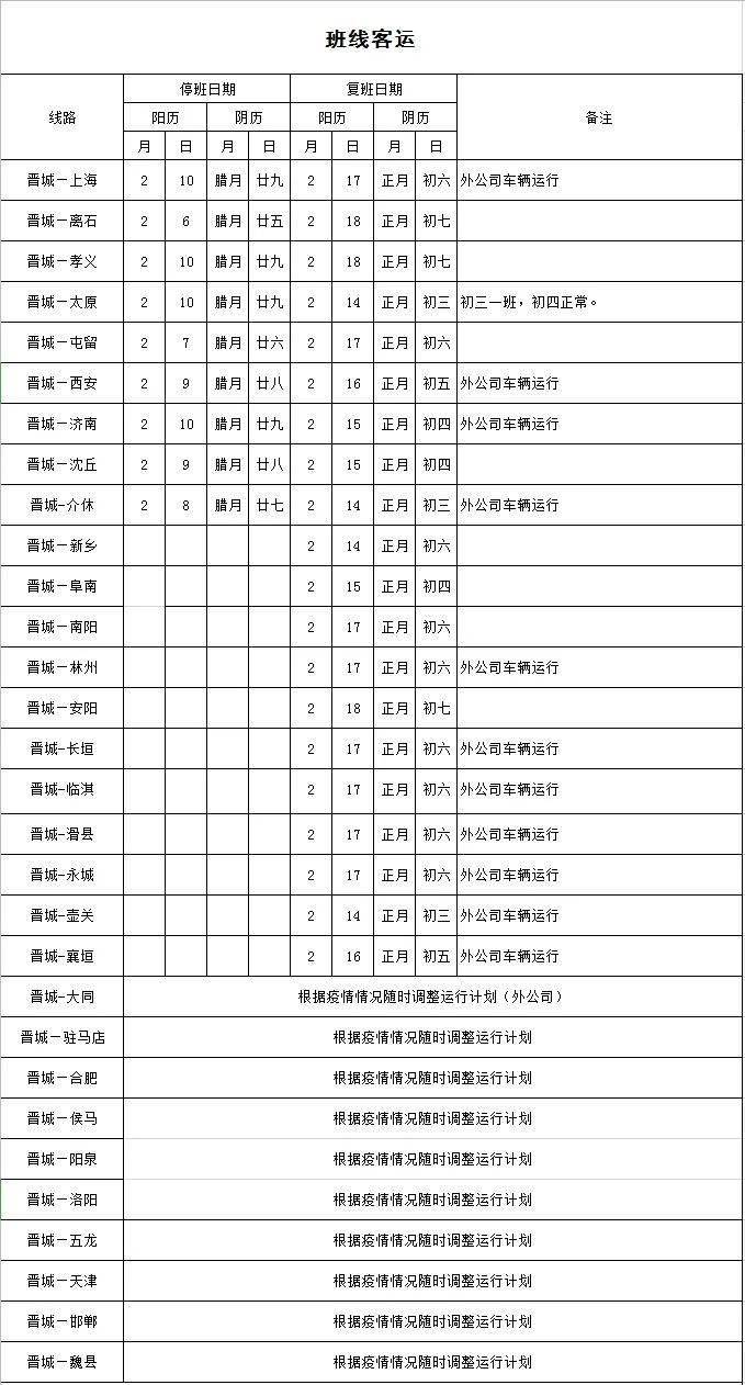 最新！晋城城际公交旅游公交春节发车表出炉