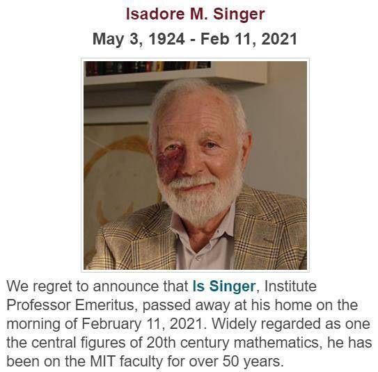 迈克尔·阿蒂亚|数学家伊萨多·辛格去世，享年96岁