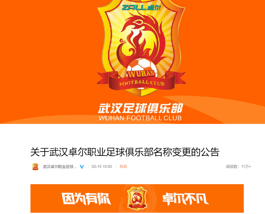 官方:武汉卓尔更名为武汉队