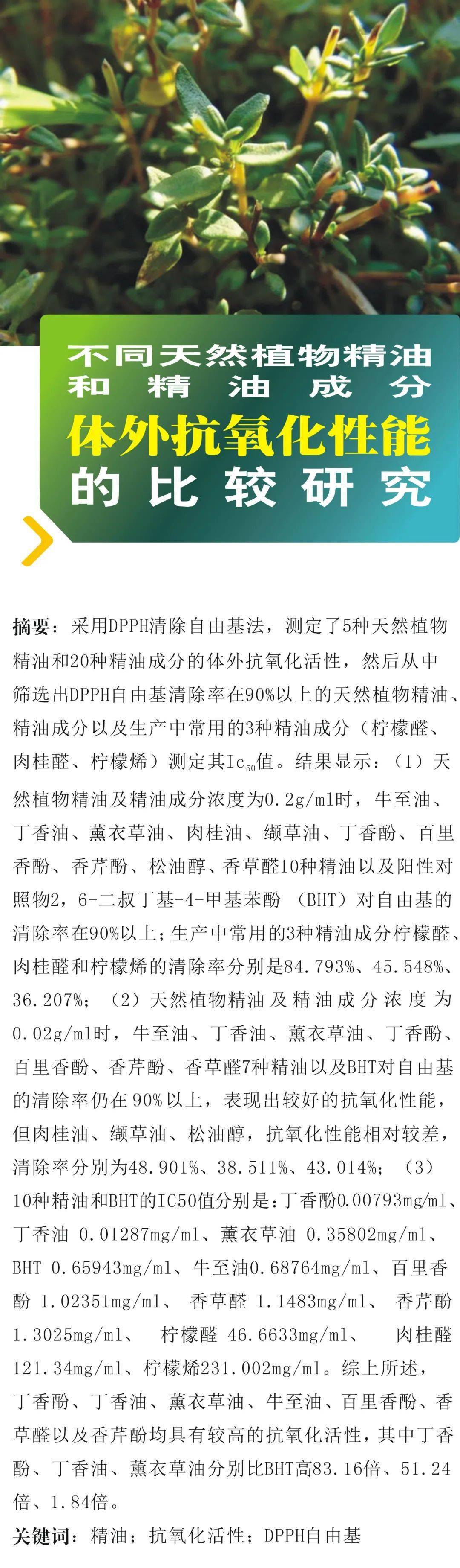 科研报告 不同天然植物精油和精油成分体外抗氧化性能的比较研究