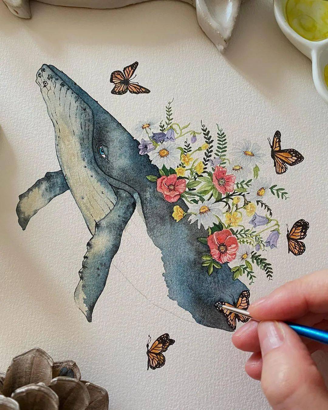 唯美的鲸鱼水彩插画