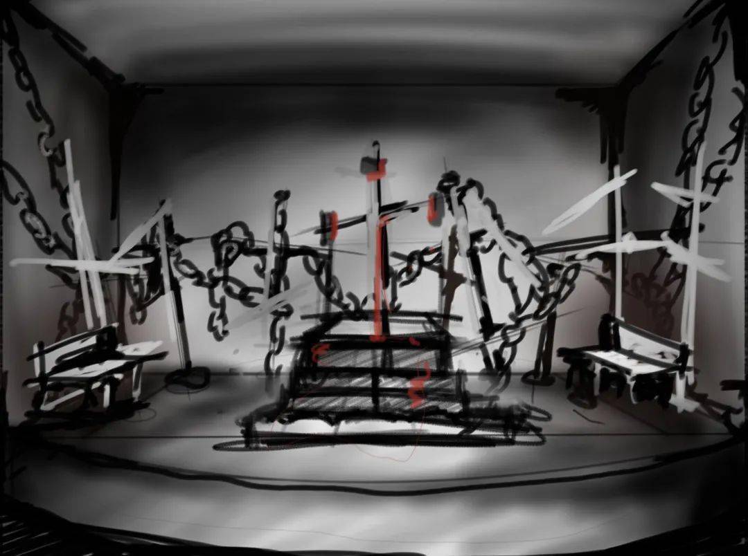 在舞台上,工业风格的铁管和锁链将这一牢笼具像化,不安与压迫在钢铁的