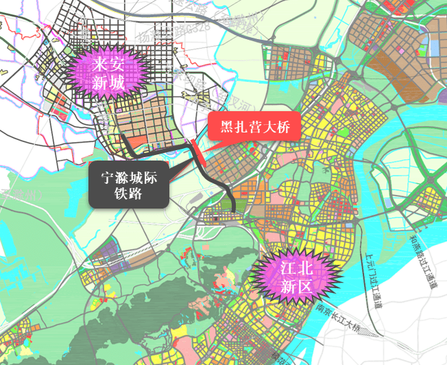 江北新区与滁州来安县汊河新城目前的联系通道主要为104国道,过境交通
