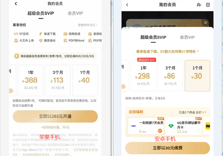 苹果买百度网盘会员贵