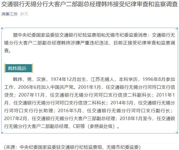 交通银行无锡分行大客户二部副总韩炜正接受监察调查(图1)