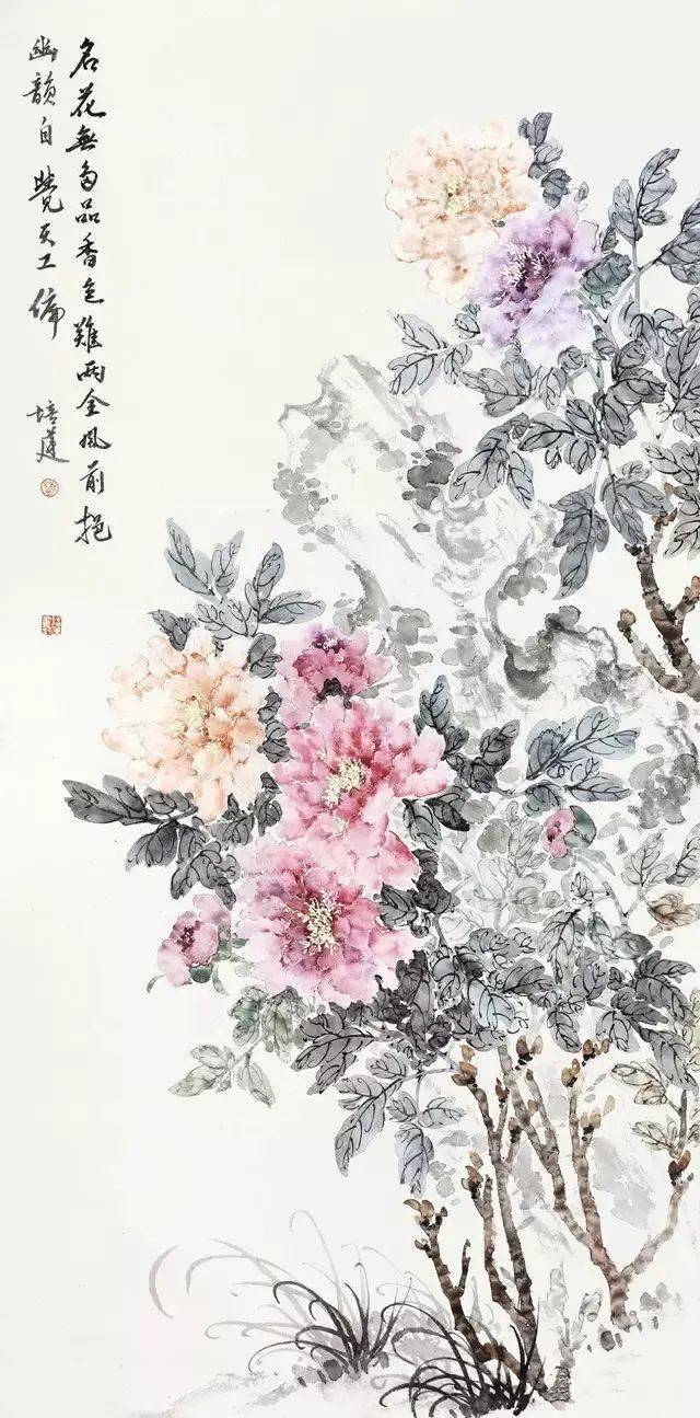 意境雅逸,线条简约流畅的花鸟画_赵培莲