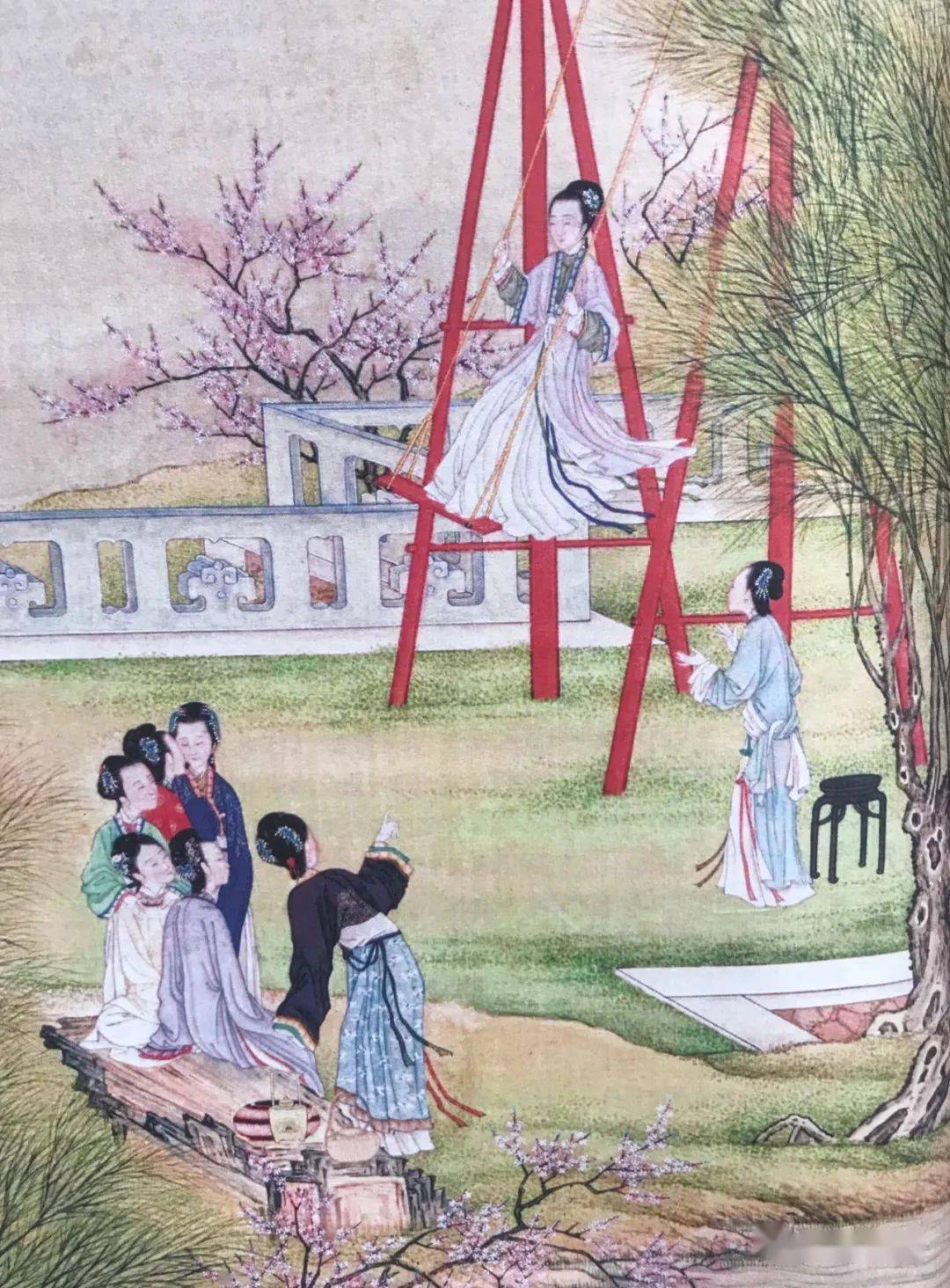 荡秋千是中国古代清明节习俗之一,盛行于唐代