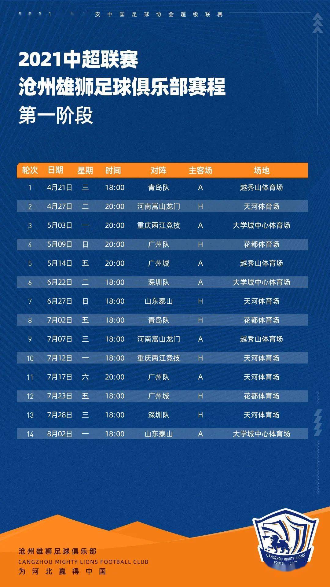 新赛季新征程丨沧州雄狮2021中超联赛第一阶段赛程出炉
