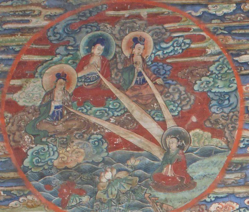 观想一阎浮檀金色佛像坐彼花上,又观音,势至二菩萨像侍于其左右,各放