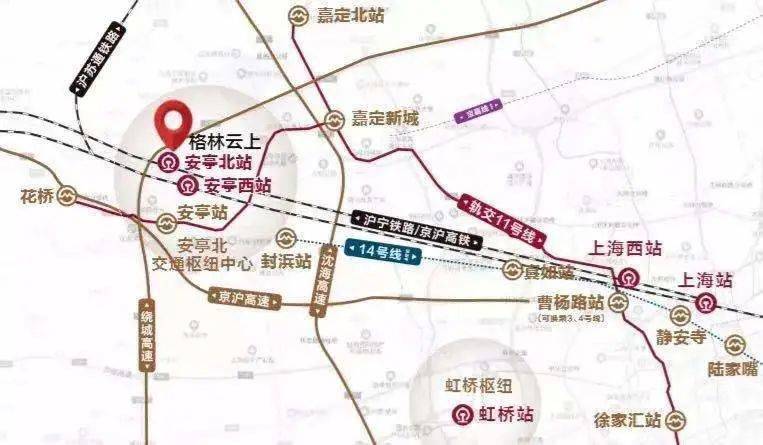 14号线,宝嘉线交汇京沪高铁,沪宁城际铁路,沪苏通铁路3条高铁线安亭