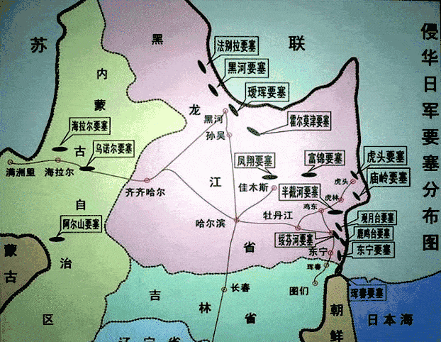 侵华日军要塞分布图(红灯闪烁处为虎头要塞).