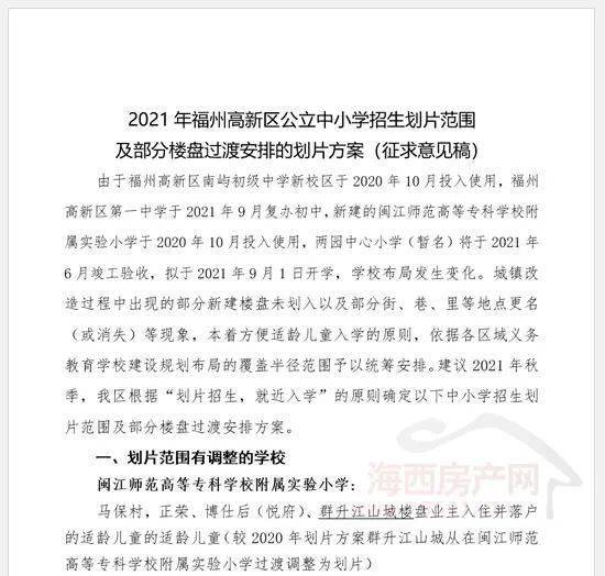 福州高新區中小學劃片範圍意見稿公佈:多個樓盤劃片調整