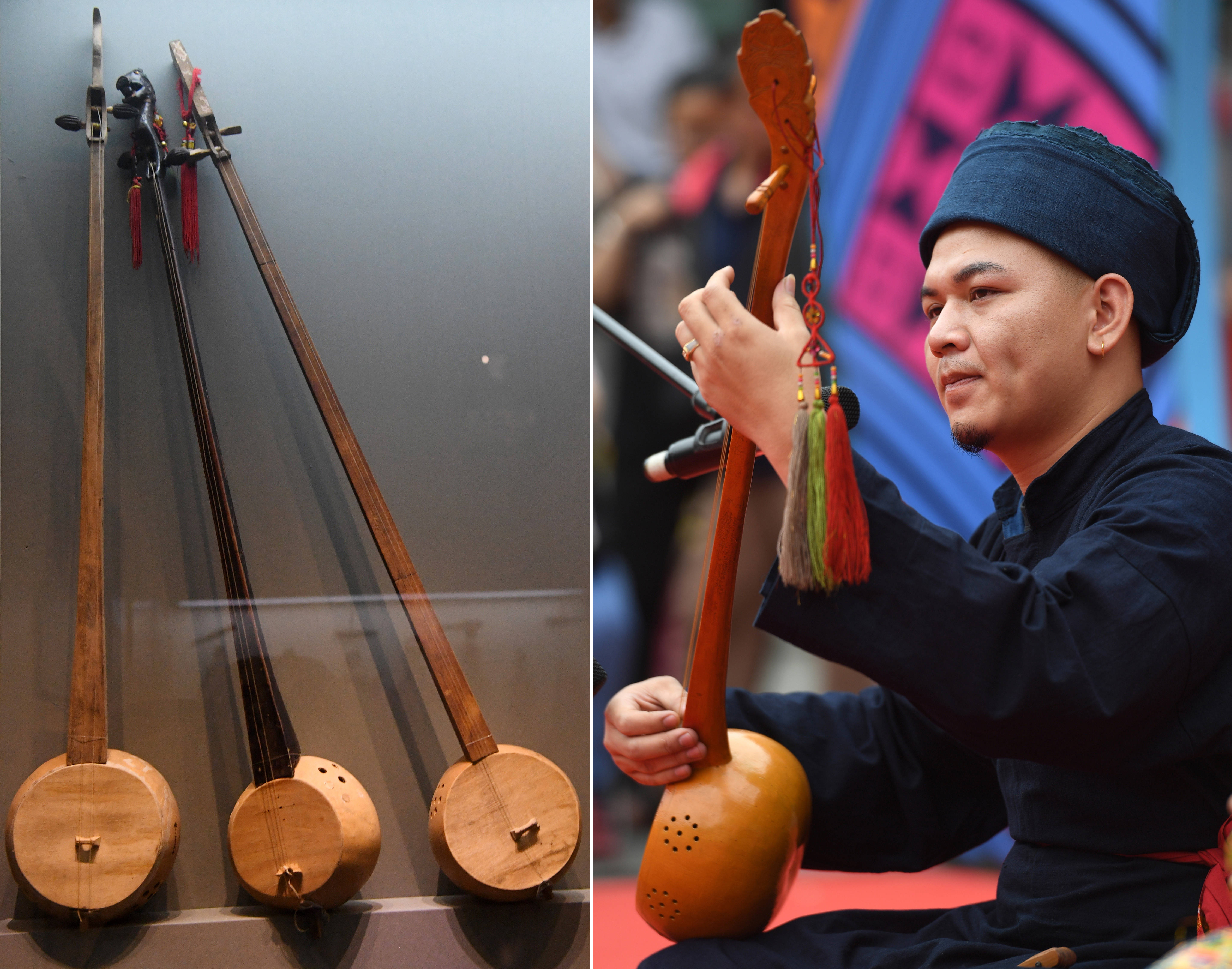 左图为广西民族博物馆展示的壮族天琴(5月18日摄右图为在广西南宁市