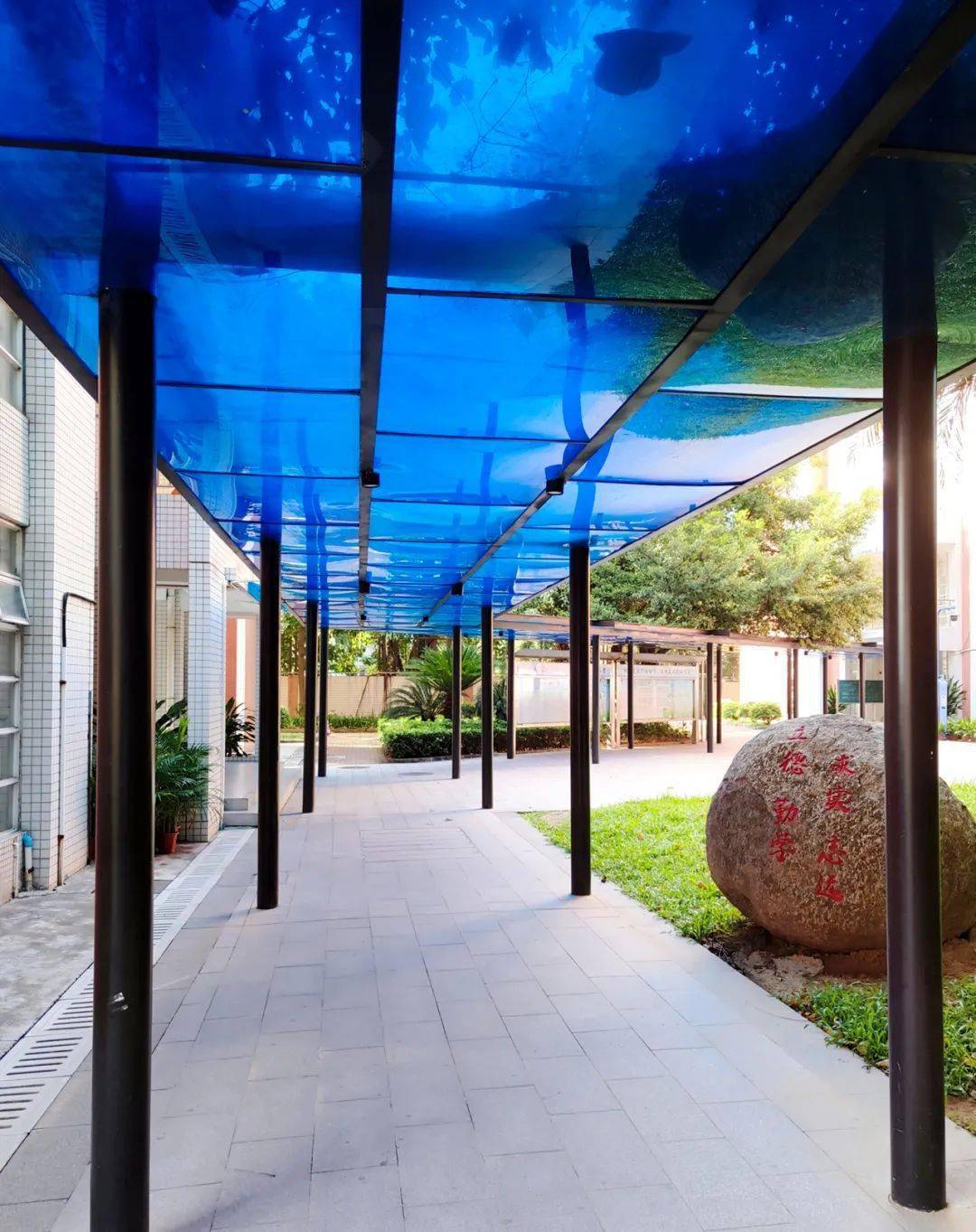 而且宿舍区和食堂,教学区均有风雨连廊,进入校门便无风雨相困,无烈日