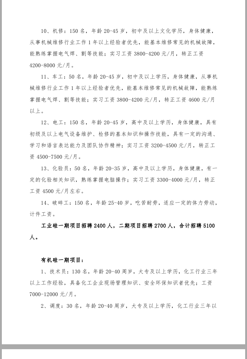 云南合盛硅业有限公司招聘1.02万人