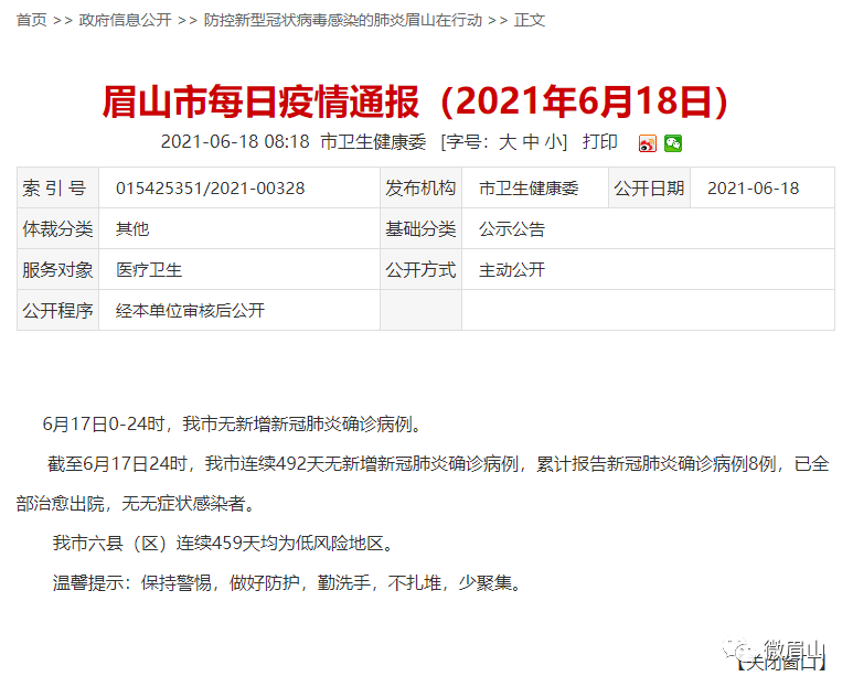 眉山连续492天0新增 四川无新增确诊病例 疫情