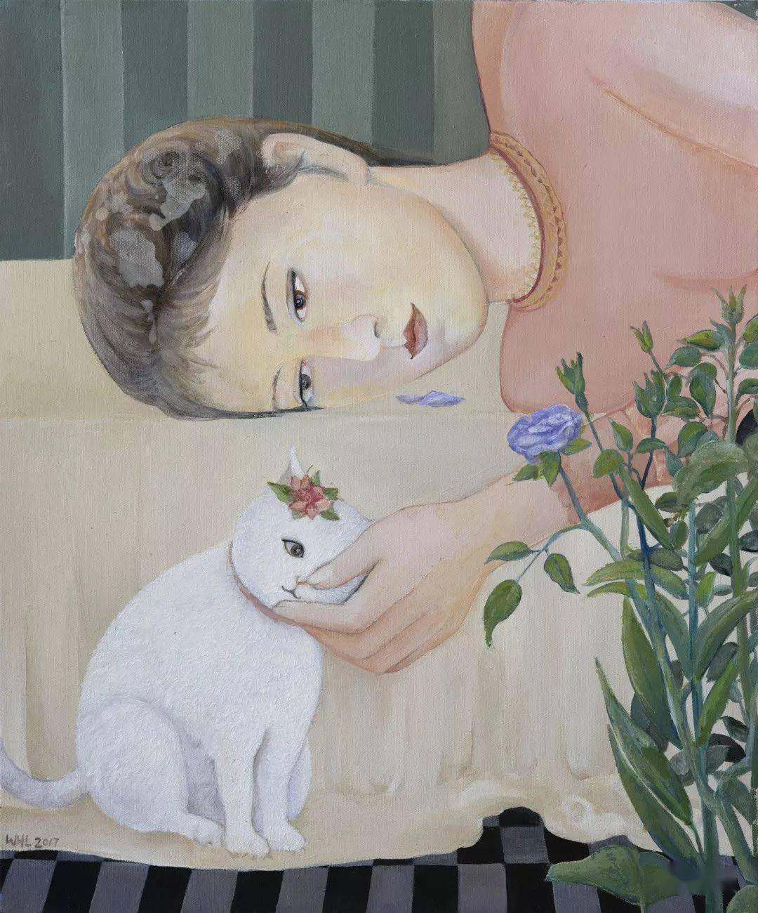 女孩玉猫之四50*60cm 布面油画 2017年女孩与猫之二50*60cm 布面油画