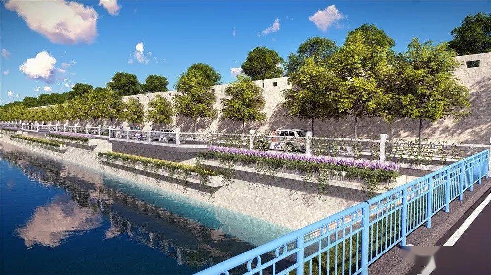效果图奎河上段工程的堤岸景观增设许多增趣便民的小品工程,增加多
